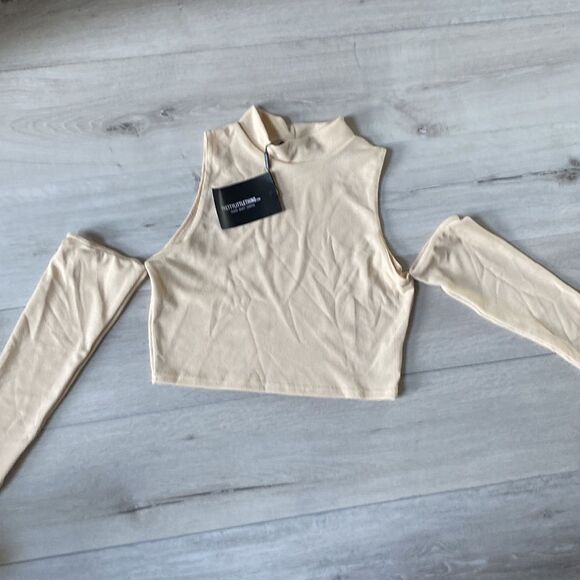 PrettyLittleThing Shape Stone Rib High Neck Bardot Sleeve Crop Top Tan 10 NWT - Picture 5 of 7
